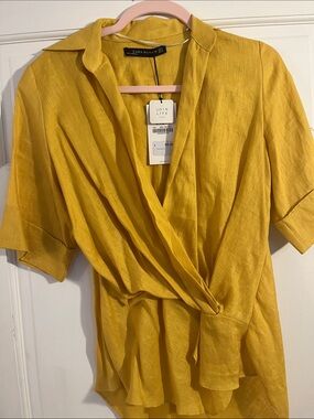 Zara Mustard Yellow Wrap Blouse Linen..